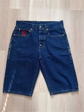 Evisu Indigo Denim Shorts with Back Embroidered Graphic